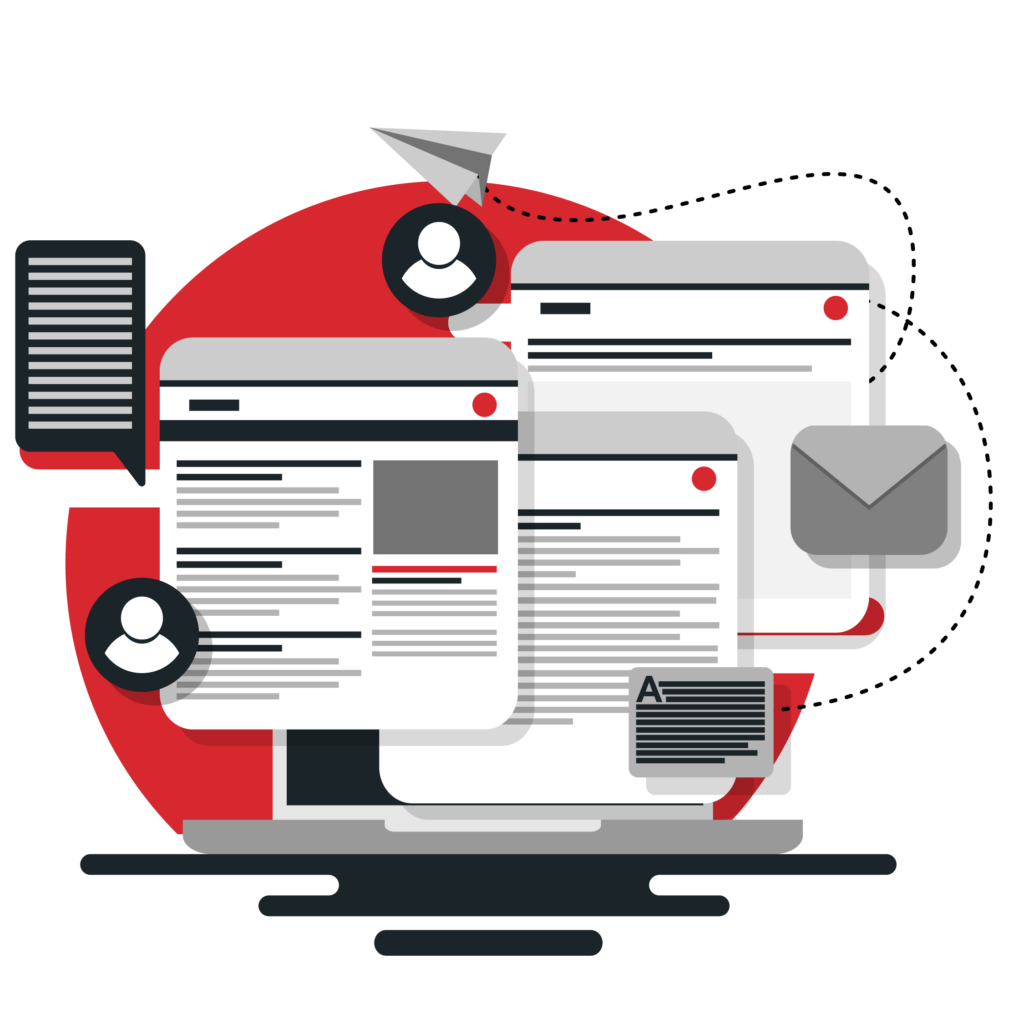TLE Columns: A platform for lawyers to publish long-form content and own their audience. Stylized illustration of overlapping article windows on a laptop screen, surrounded by icons for users, comments, email, and a paper airplane. Represents publishing, collaboration, and long-form content distribution—core themes of TLE Columns.