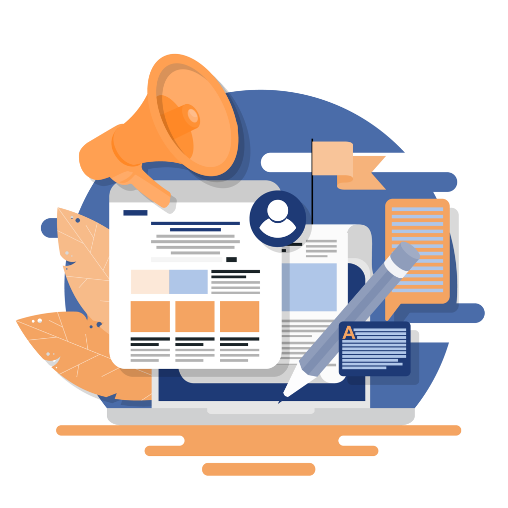 Publish.Law: Empowering lawyers to write, publish, and amplify their voice Illustration of a stylized digital article over a laptop, surrounded by a megaphone, writing tools, user icons, and floating text. Represents authorship, visibility, and amplification—central themes of the Publish.Law platform.